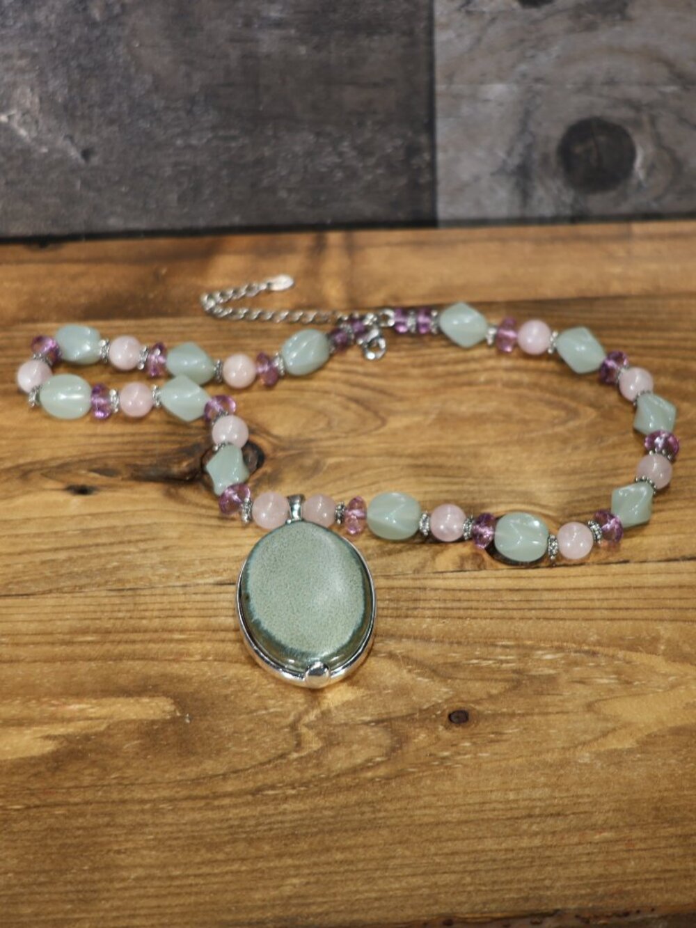 Vintage signed MONET Multicolor Glass Style Bead Necklace Oval Green Pendant